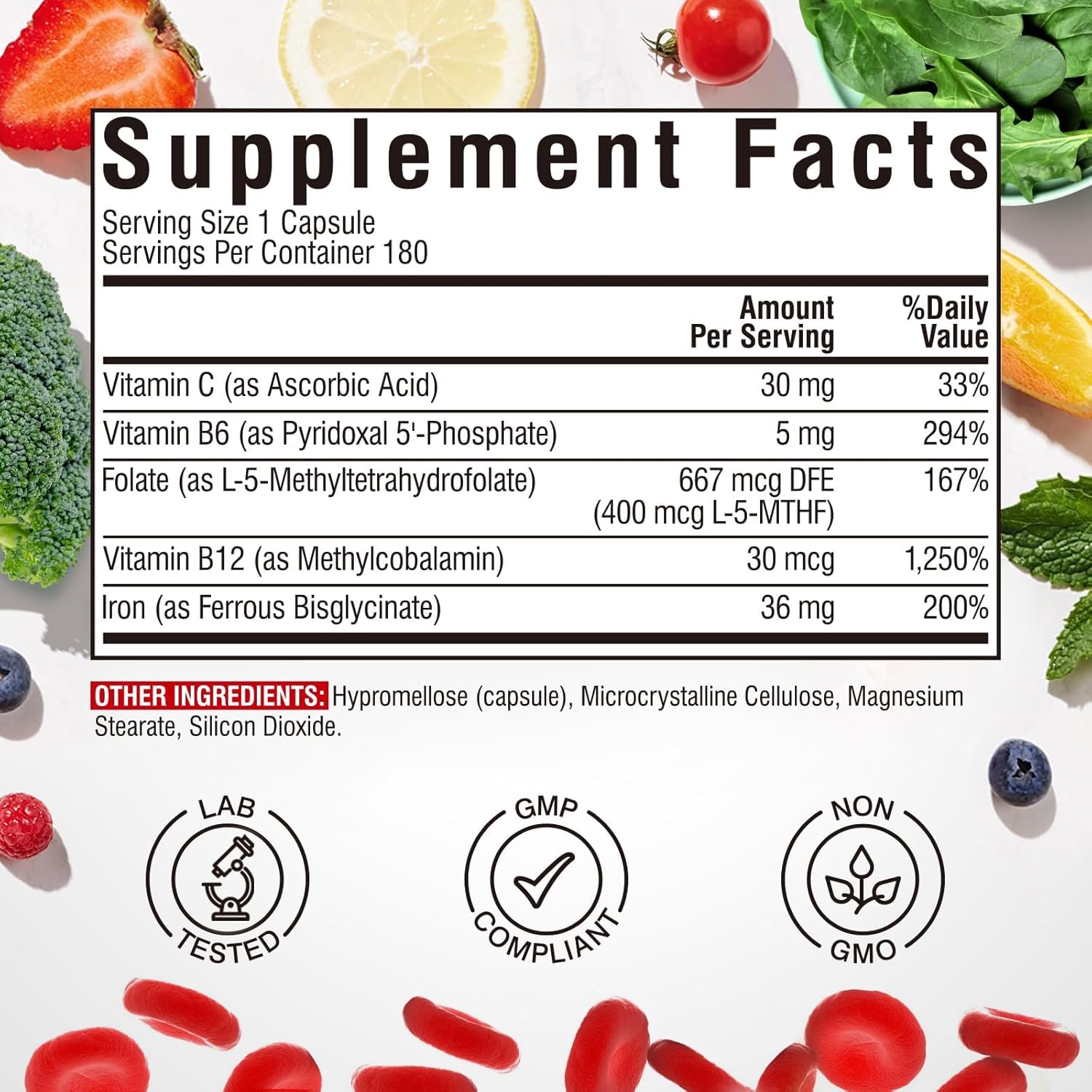 Iron Supplement for Women & Men, with Vitamins C, B6, B12 & Folate for Iron Deficiency, Blood Building & Energy Support, Stomach Friendly, Better Absorption, Non-GMO, No Gluten, 180 Vegan Caps