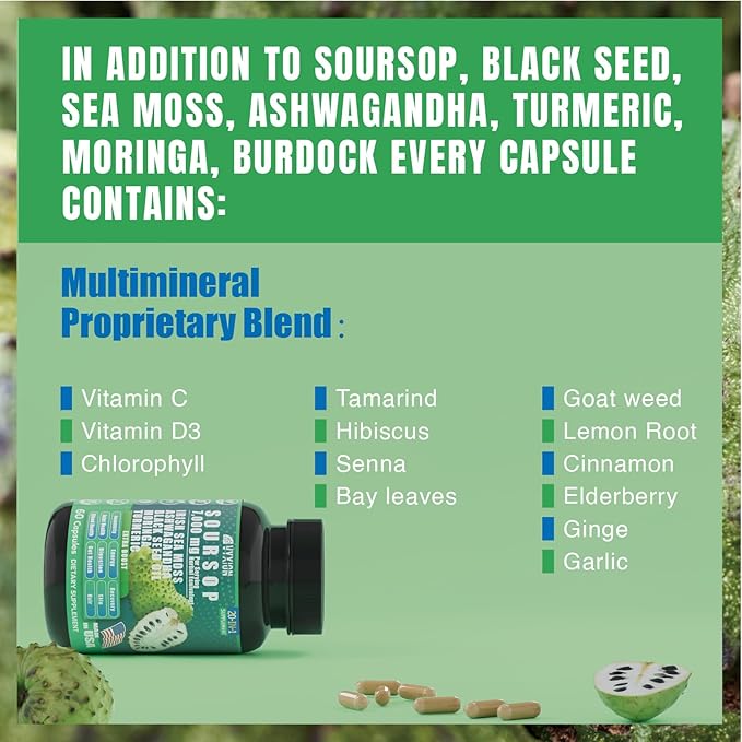 Soursop Graviola Supplement with Sea Moss, Moringa, Turmeric, Black Seed Oil, Oregano, Ashwagandha | 20-in-One Herbal extracts for Overall Health-Enhancing | Vegan, Non-GMO | 60 Capsules