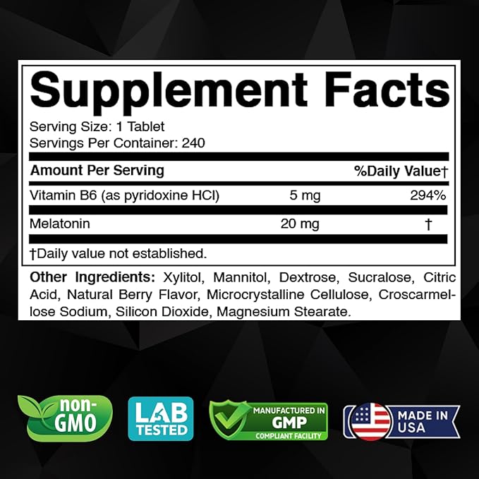 Melatonin 20 mg - 240 Fast Dissolve Tablets - Drug Free - Natural Berry Flavor - Vegetarian, Non-GMO, Gluten Free 240 Count (Pack of 1) (240 Count (Pack of 1))