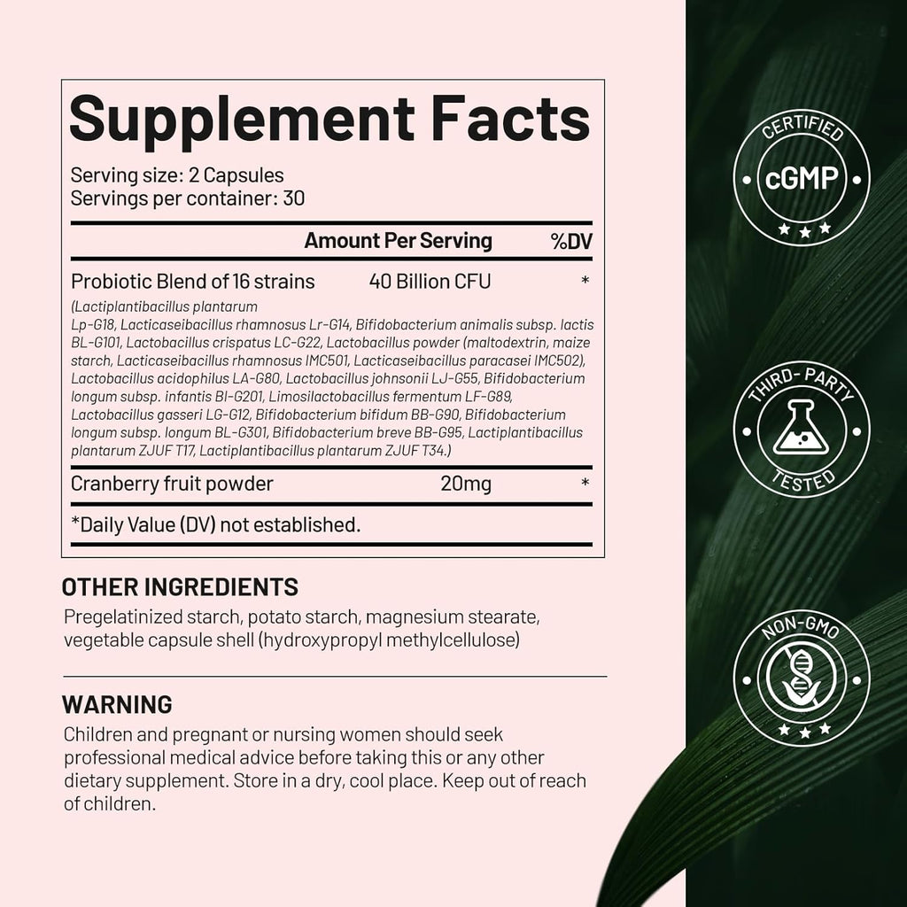 Probiotics for Women, 16 Strains with Cranberry Powder for Digestive, Vaginal&Immune Health Support, 40 Billion CFU, Vaginal Probiotics for Women pH Balance & UTI, Support Vaginal Odor & Flora, 60 CT
