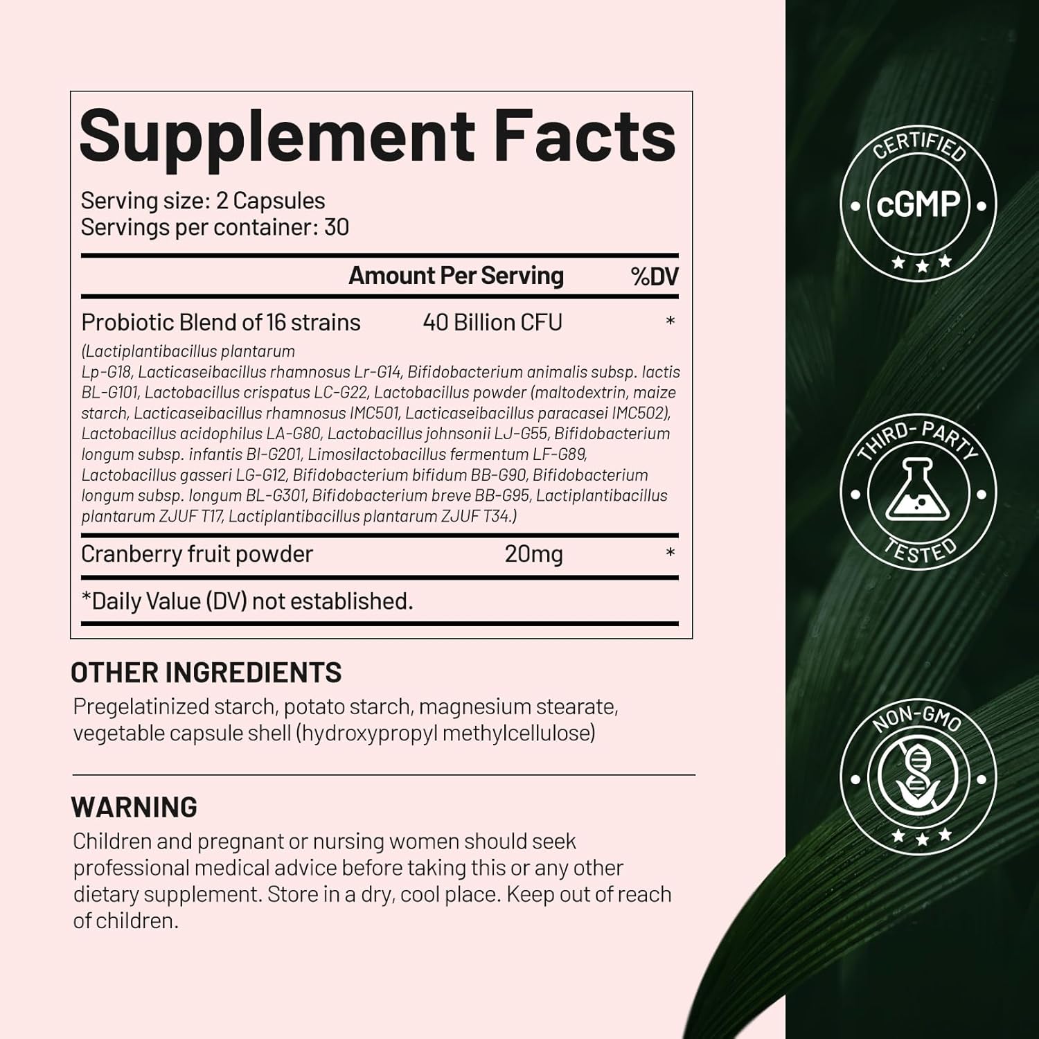 Probiotics for Women, 16 Strains with Cranberry Powder for Digestive, Vaginal&Immune Health Support, 40 Billion CFU, Vaginal Probiotics for Women pH Balance & UTI, Support Vaginal Odor & Flora, 60 CT