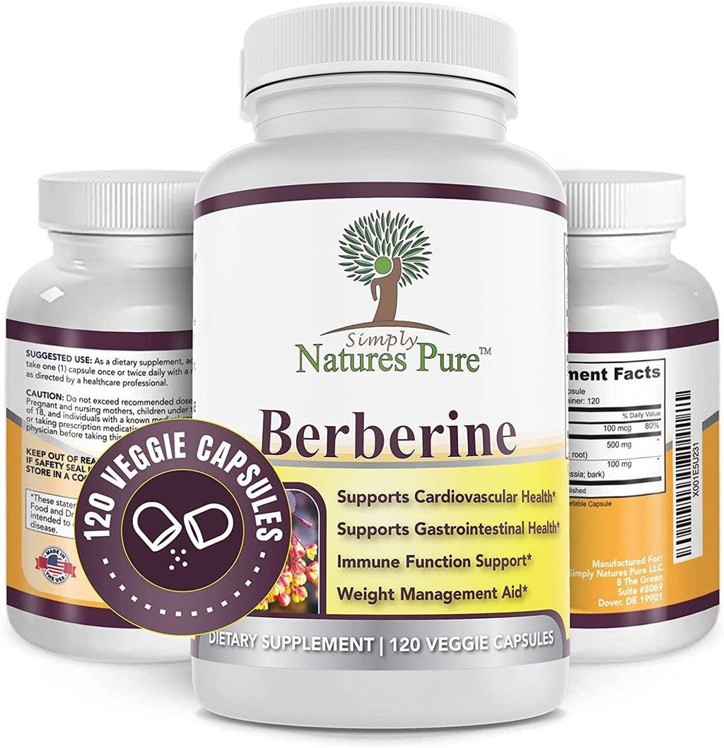 Simply Natures Pure Premium Berberine HCl 500mg - 120 Capsules - Cardiovascular Gastrointestinal Immune Support - Chromium Cinnamon (Pack of 3)