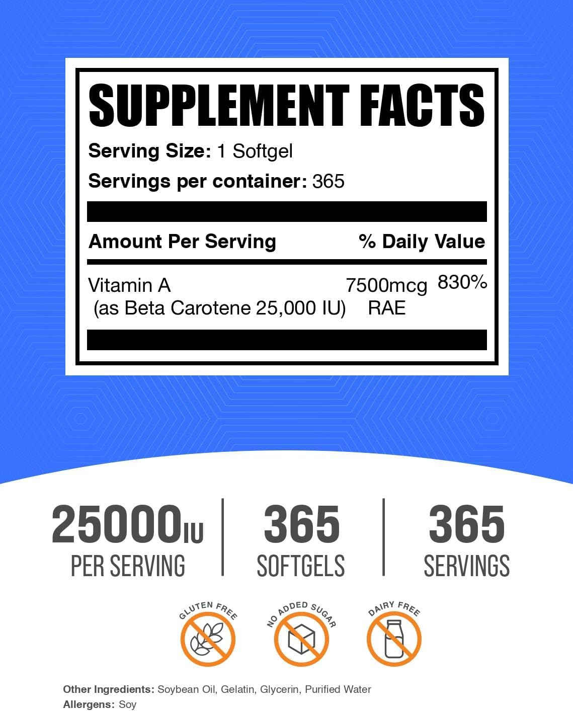 BulkSupplements.com Beta Carotene 25000 IU Softgels - Vitamin A Supplement, Beta Carotene Supplements - for Eye Support, Gluten Free, 1 Softgel per Serving, 365 Count (Pack of 1)