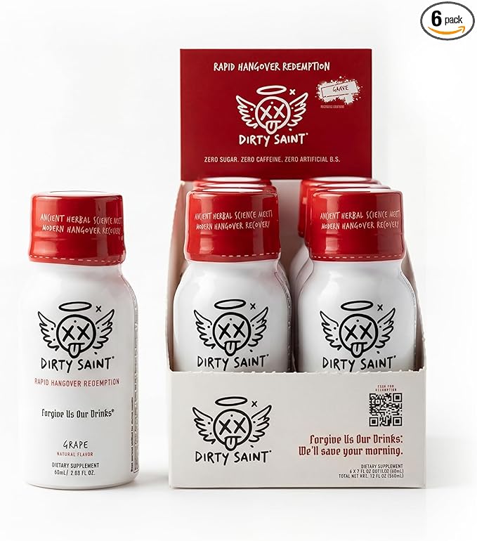 DIRTY SAINT Rapid Hangover Recovery Shot – Morning After Formula – B12 + NAC + Electrolytes + Vitamin B & C Complex – Hydration & Energy – 2oz Grape Drink – 6-Pack