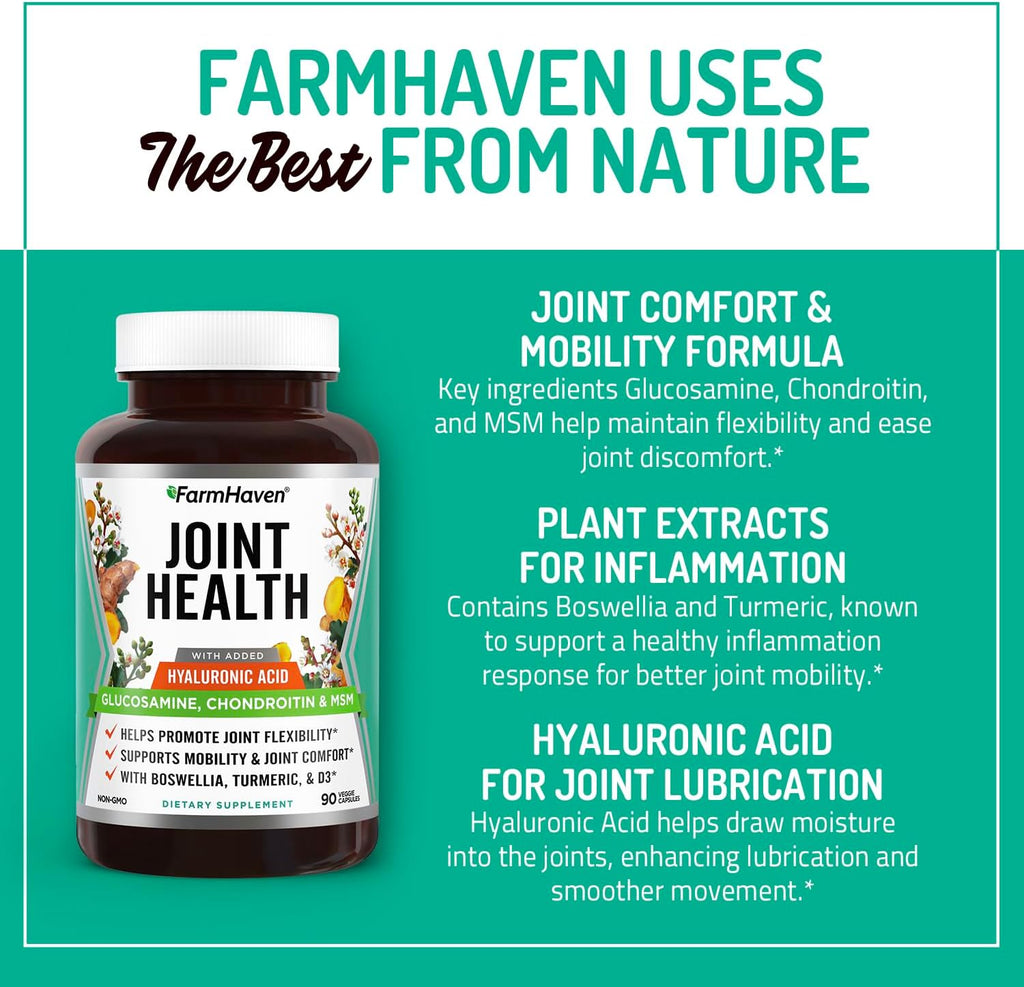 FarmHaven Glucosamine Chondroitin MSM with Boswellia, Turmeric| Added Hyaluronic Acid & Vitamin D3 | Promotes Joint & Muscle Health & Inflammation Response | Non-GMO & Gluten Free | 90 Capsules