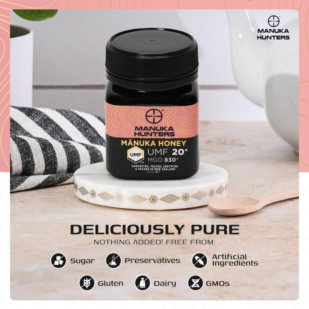 Manuka Hunters UMF 20+/MGO 830+ Certified New Zealand Manuka Honey - 100% Pure Natural Sweetener - Gluten, Dairy Free - Ideal for Tea, Coffee, Smoothies, and Baking - Sustainable - 4.4oz/125g/85ml Jar