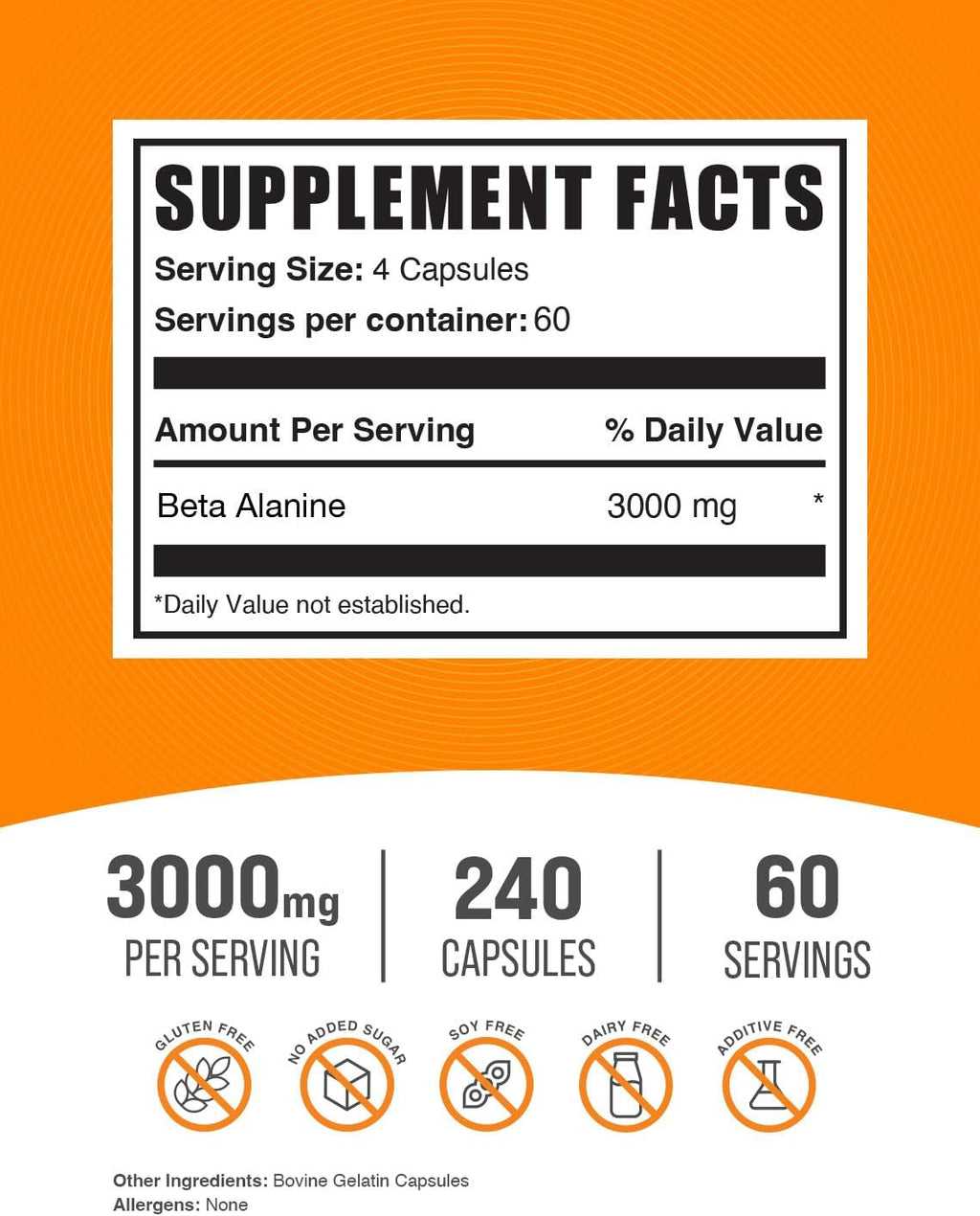 BulkSupplements.com Beta Alanine Capsules - Beta Alanine Supplement, Beta Alanine Pills, Beta Alanine 3000mg - Gluten Free, 4 Capsules per Serving, 240 Capsules (Pack of 1)