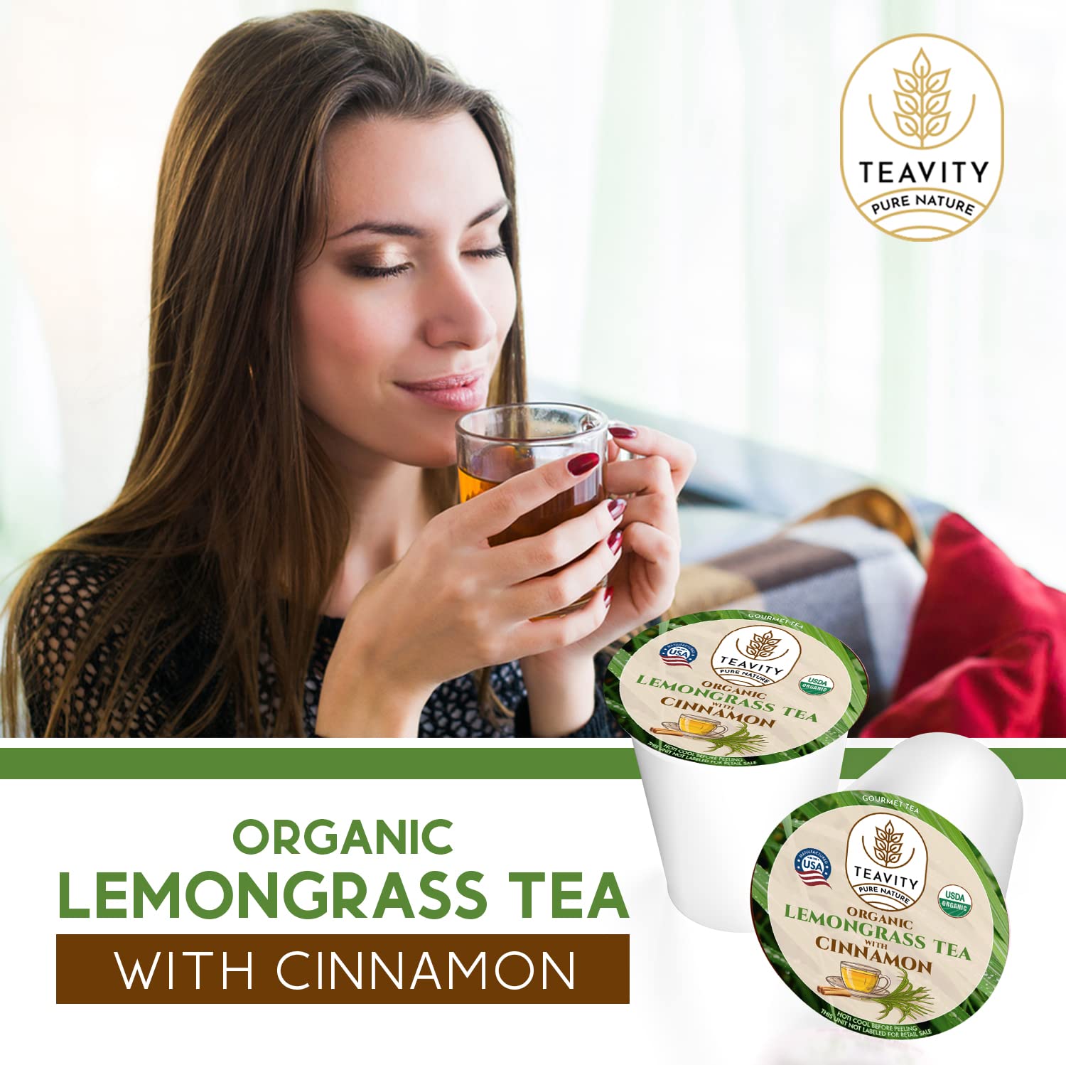 Teavity Organic Lemongrass and Cinnamon Tea Pods for Keurig - Naturally Decaffeinated Herbal Tea Blend (36 Pods)
