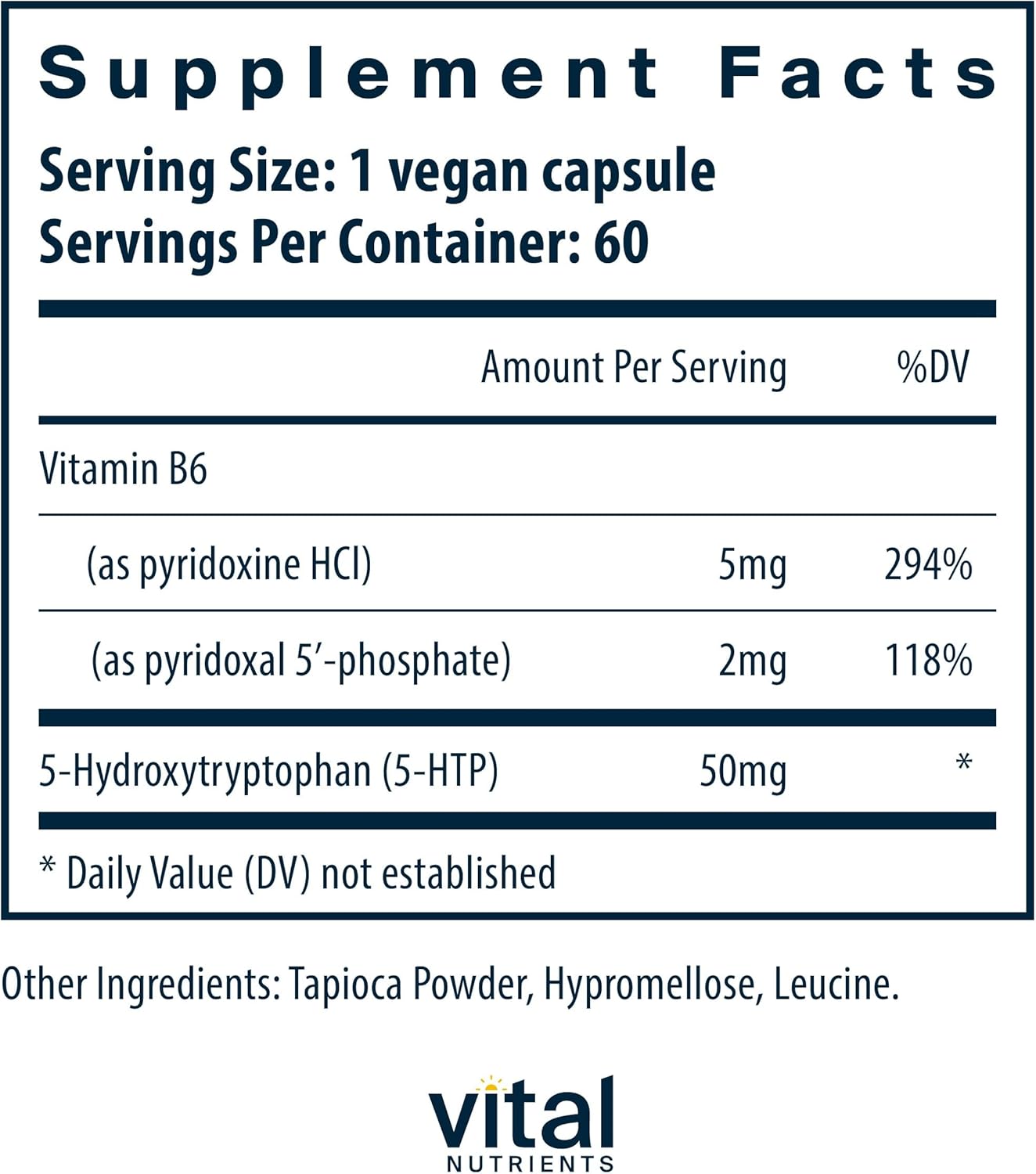 Vital Nutrients 5-HTP 50mg (5-hydroxytryptophan) | Vegan Serotonin Support Supplement* | Sleep and Stress Support | 5HTP and Vitamin B6 | Gluten, Dairy, Soy Free | Non-GMO | 60 Capsules