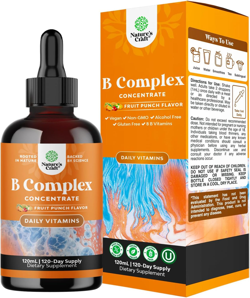 Vegan Vitamin B Complex Liquid - 9-in-1 Liquid B Complex Vitamins for Women & Men with B1 B2 B3 B5 B6 B7 Folate Methyl B12 Plus Vitamin C - Super Concentrated Non GMO & Naturally Flavored (120svg)