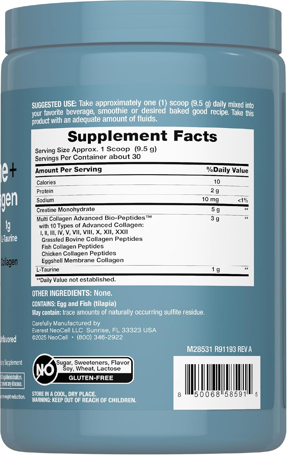 NeoCell Creatine Monohydrate Powder | 30 Servings | with Multi Collagen Peptides | Unflavored | for Women and Men