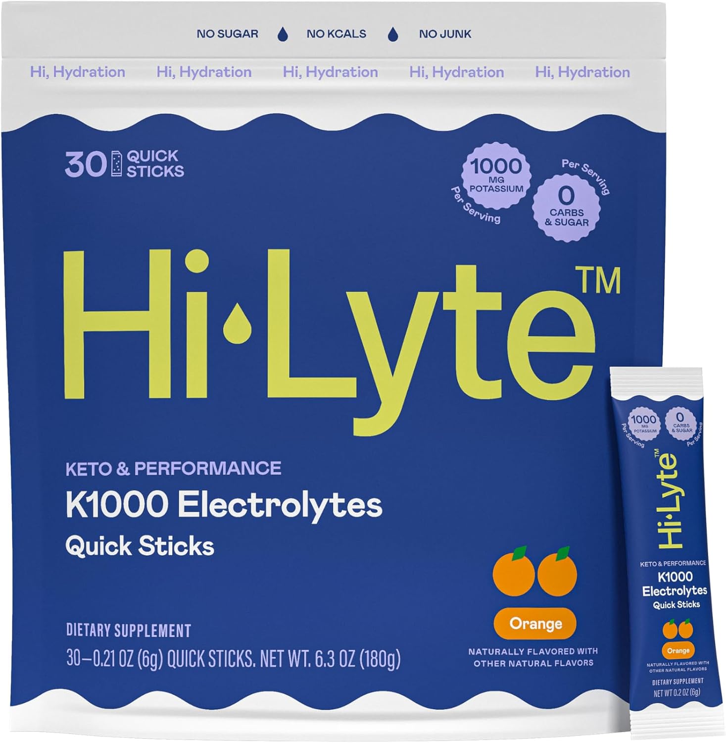Hi-Lyte K1000 Electrolytes Quick Sticks Orange Keto & Performance, 30 Servings