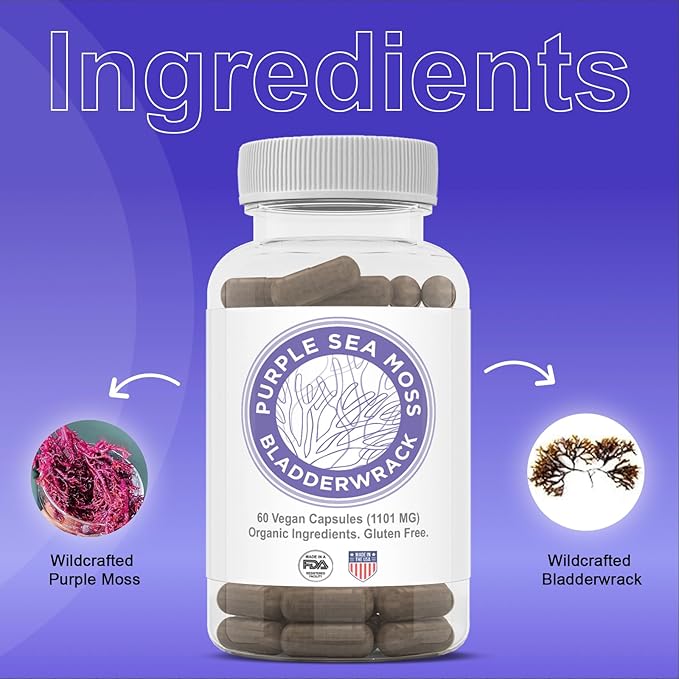 Purple Seamoss + Bladderwrack Seaweed Capsules - 2202mg Complete Nutrient Profile, Wildcrafted & Wildharvested, Made in the USA, Rich in Minerals, 60 ct