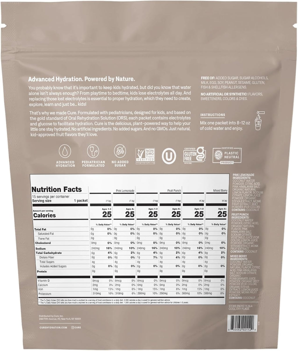 Cure Hydration - Kids Electrolyte Drink Mix | Plant-Based Pediatrician Formulated Rehydration | No Added Sugar, FSA-HSA, Non-GMO, Gluten-Free, No Artificial Flavors | 15 Packets - Variety Pack