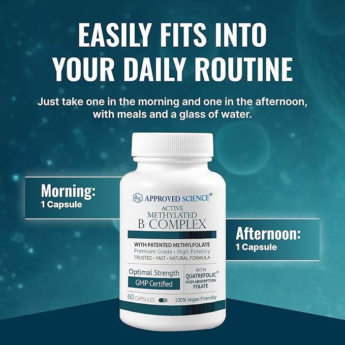 Approved Science Methylated B Complex – Full-Spectrum B-Vitamins, Quatrefolic Folate (5-MTHF), Choline, Betaine - 60 Capsules