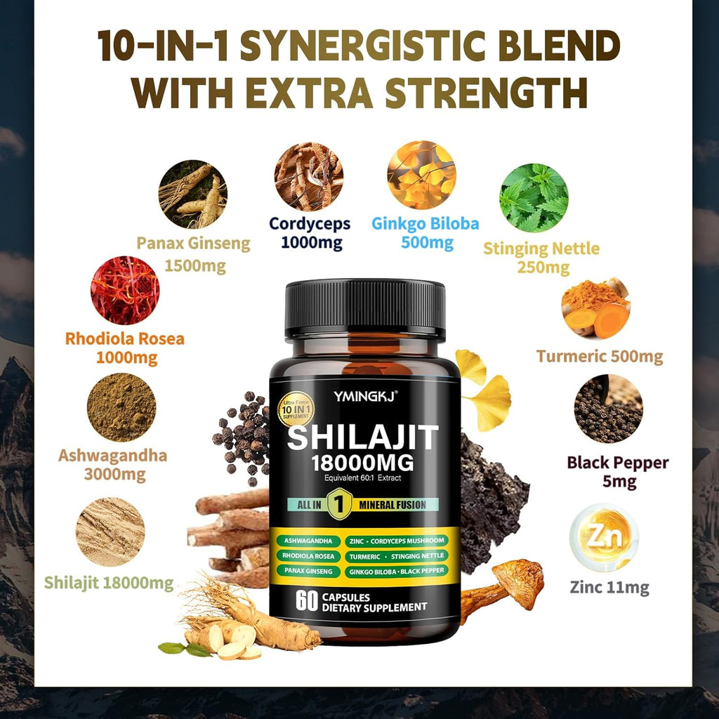 Shilajit Capsules 18000mg (60 Capsules) 10 in 1 - Shilajit Extract with Ashwagandha, Rhodiola Rosea, Panax Ginseng, Cordyceps, Turmeric, Ginkgo, Fulvic Acid Trace Minerals Supplement, Gluten Free