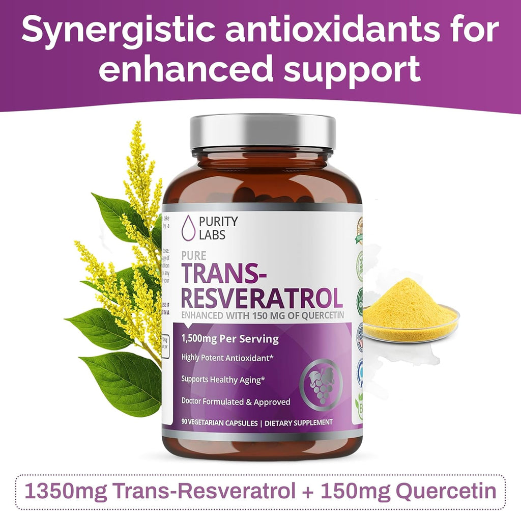 Purity Labs Pure Organic Trans Resveratrol Supplement with Quercetin, Vegan Antioxidant Nutritional Supplements for Heart, Skin, Hair, Nails | Sourced from Japanese Knotweed | 90 Capsules