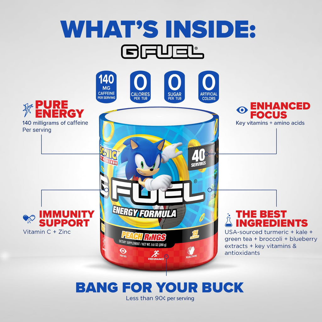G Fuel Sonic Energy Drink Powder, Pre Workout Caffeine Mix for Gaming, Sugar Free Focus Amino, Vitamin + Antioxidants, 9.8oz (Peach Ring Candy, 40 Servings)