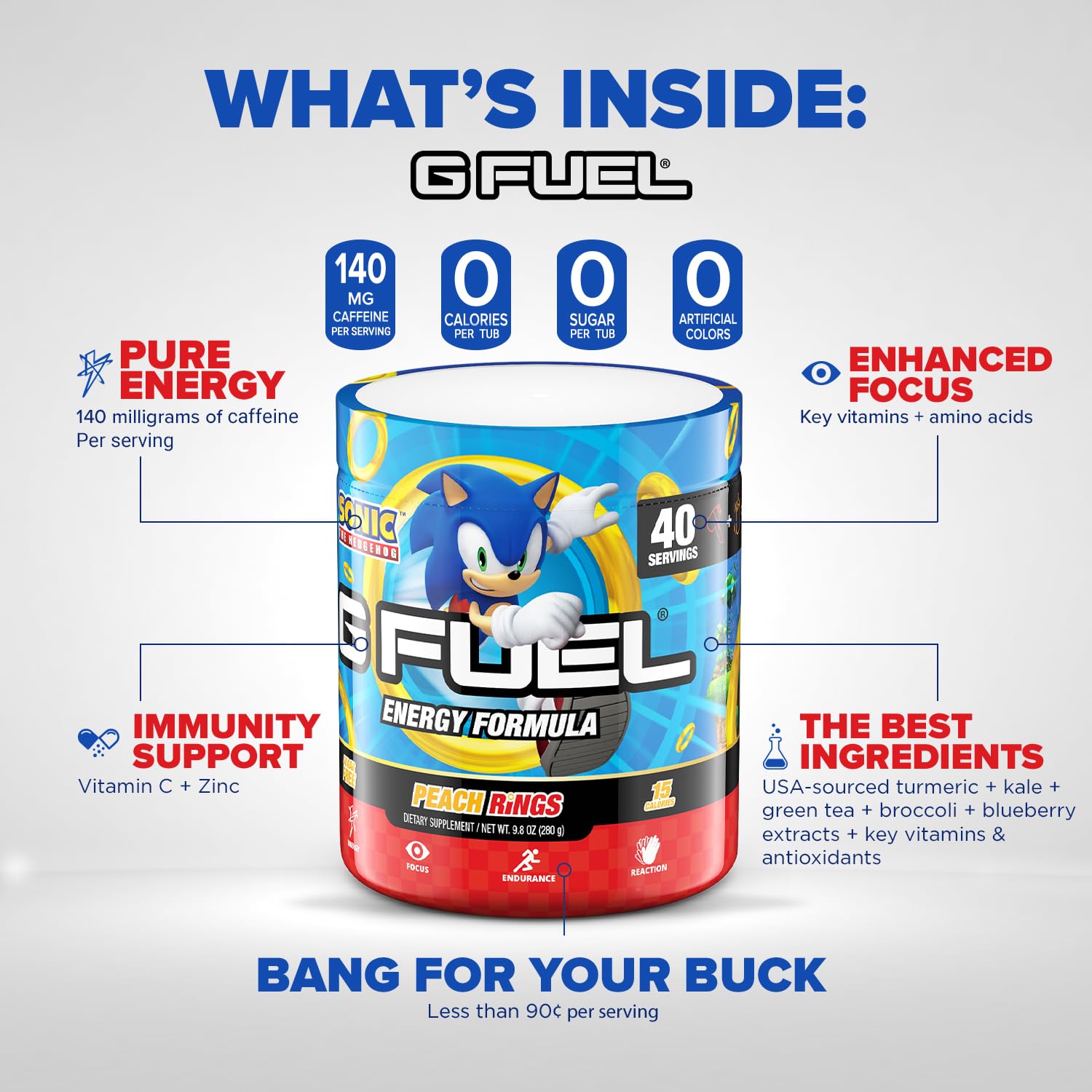 G Fuel Sonic Energy Drink Powder, Pre Workout Caffeine Mix for Gaming, Sugar Free Focus Amino, Vitamin + Antioxidants, 9.8oz (Peach Ring Candy, 40 Servings)