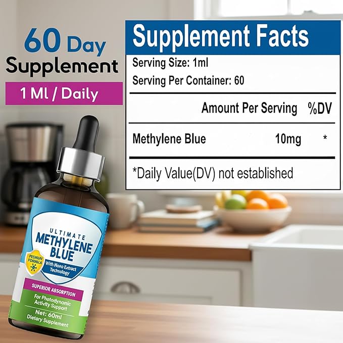 Methylene Blue Pharmaceutical Grade, 2 Fl oz Methylene Blue Drops, Supports Brain Health, Focus, Increased Absorption, Liquid Formula with Dropper, No Formaldehyde & GMO
