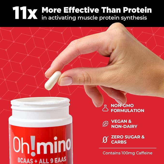 Oh!mino Essential Amino Acids Supplement, Caffeinated Capsules, All 9 EAAs, BCAAs, The Perfect Amino for Workouts, Amino Energy, and to Build Muscle, and Recover Faster