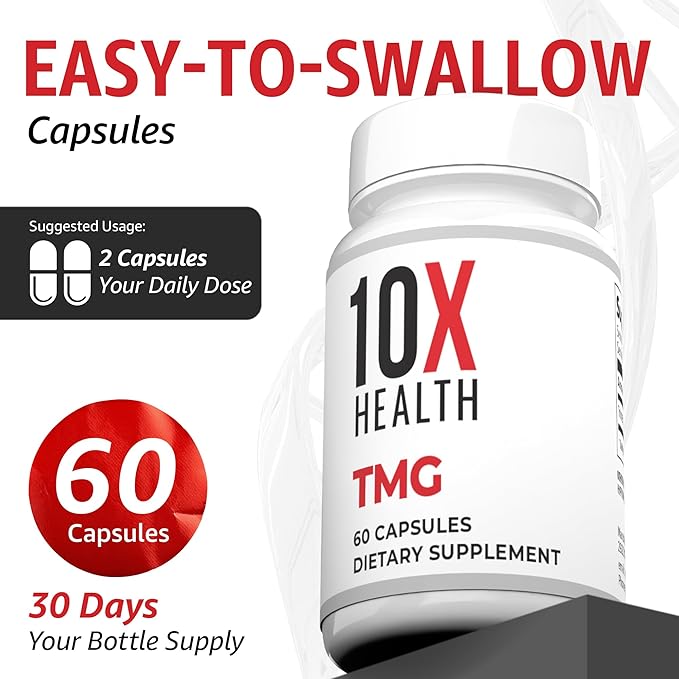 10X Health TMG Supplements - Trimethylglycine Supplement for Liver Support, Heart Wellness, Energy, Homocysteine Levels - TMG Capsules with Betaine Anhydrous - Non-GMO & Gluten-Free - 60 Capsules