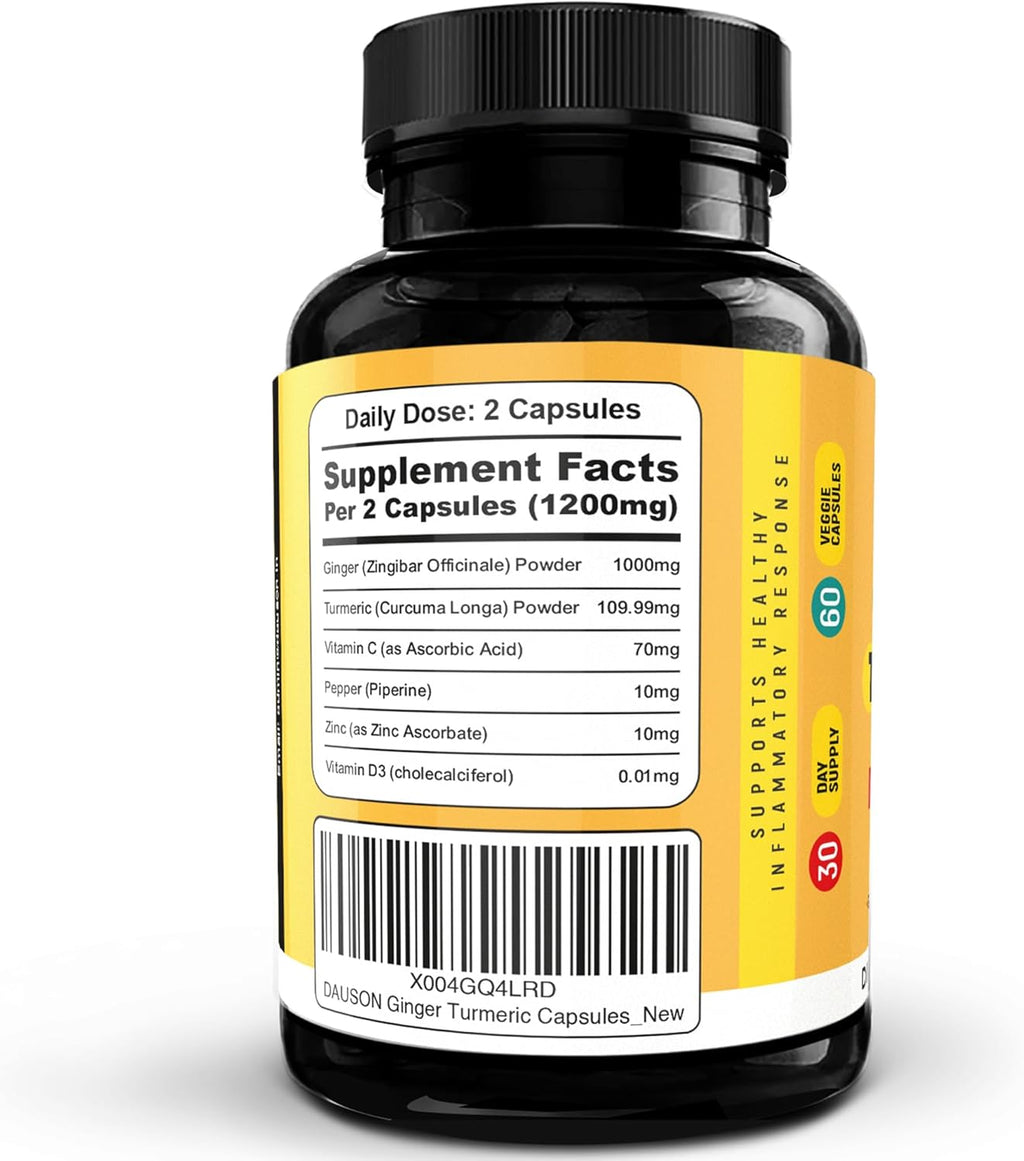 Ginger Turmeric Supplements – Boosted with Piperine, Vitamin D3, Vitamin C, Zinc & Orange | Joint, Gut & Skin Health Support | 60 Capsules | Ayurvedic