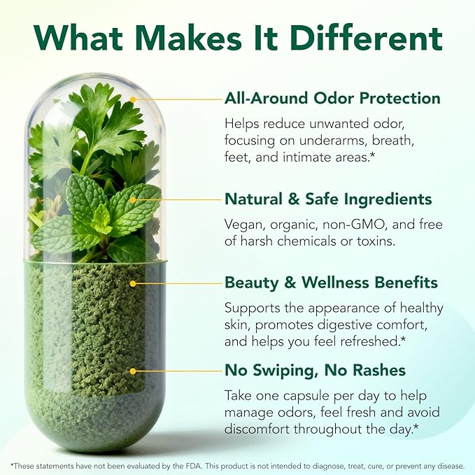Chlorophyll Capsules Body Deodorizing Supplement for Daily Internal Freshness Support | Natural Botanical Blend for Routine Odor Balance, Gut Wellness, and Clean Inner Feeling | 120 Capsules