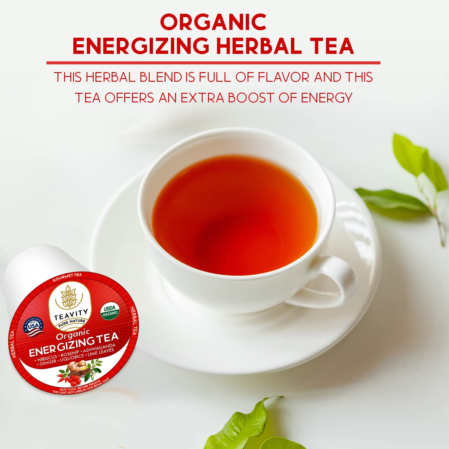 Organic Ashwagandha Tea Pods for Keurig with Ginger, Licorice, Organic Hibiscus Sabdariffa, Rosehip, & Lime - Decaf Herbal Tea - Energizing Tea by Teavity (12 Tea Pods)