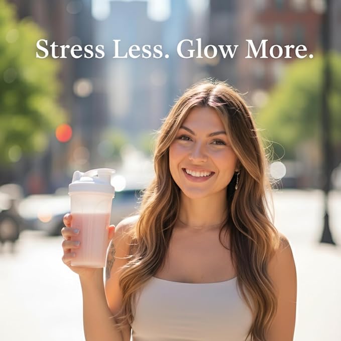 CalmGlo+ Stress & Skin Support Supplement Drink - Cortisol Reducer with Ashwagandha KSM-66, L-Theanine, Magnesium & Collagen Peptides - Adrenal Health & Mood Support - Raspberry Lemonade, 30 Servings