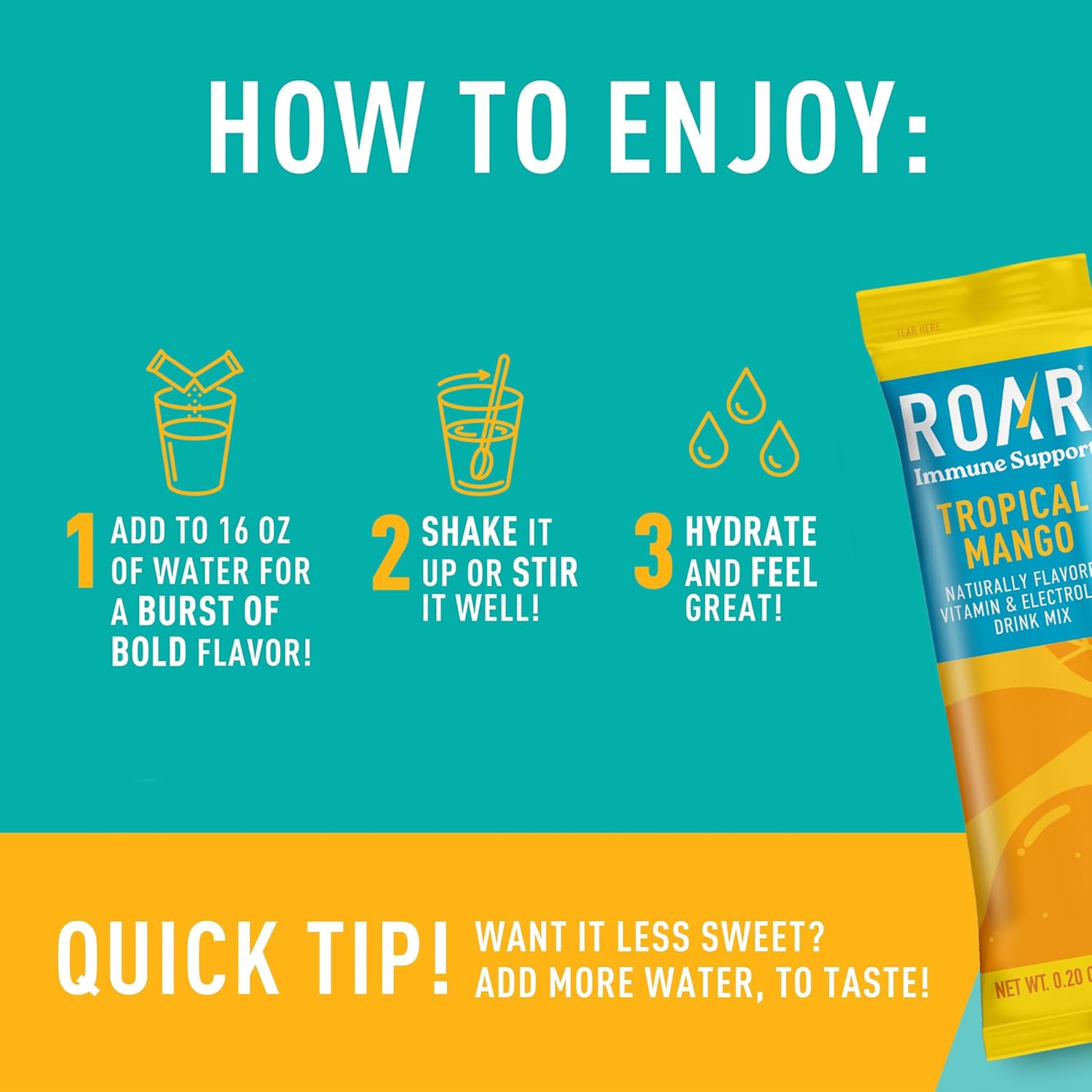 ROAR Immune Support Powder - Hydration Packets with Zinc and Elderberry - Electrolytes Powder - No GMOs, Gluten Free - Tropical Mango - 12 pc