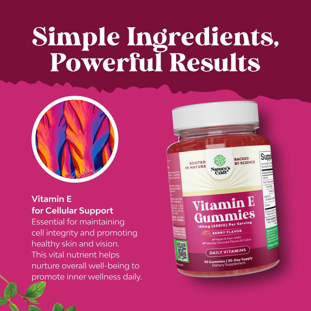 Natures Craft Vitamin E Gummies for Skin Care - High-Potency Vitamin E 400 IU Skin Supplement - Delicious & Easy-to-Take Supplement Promote Health Immune Support & Cellular Protection (3 Months)