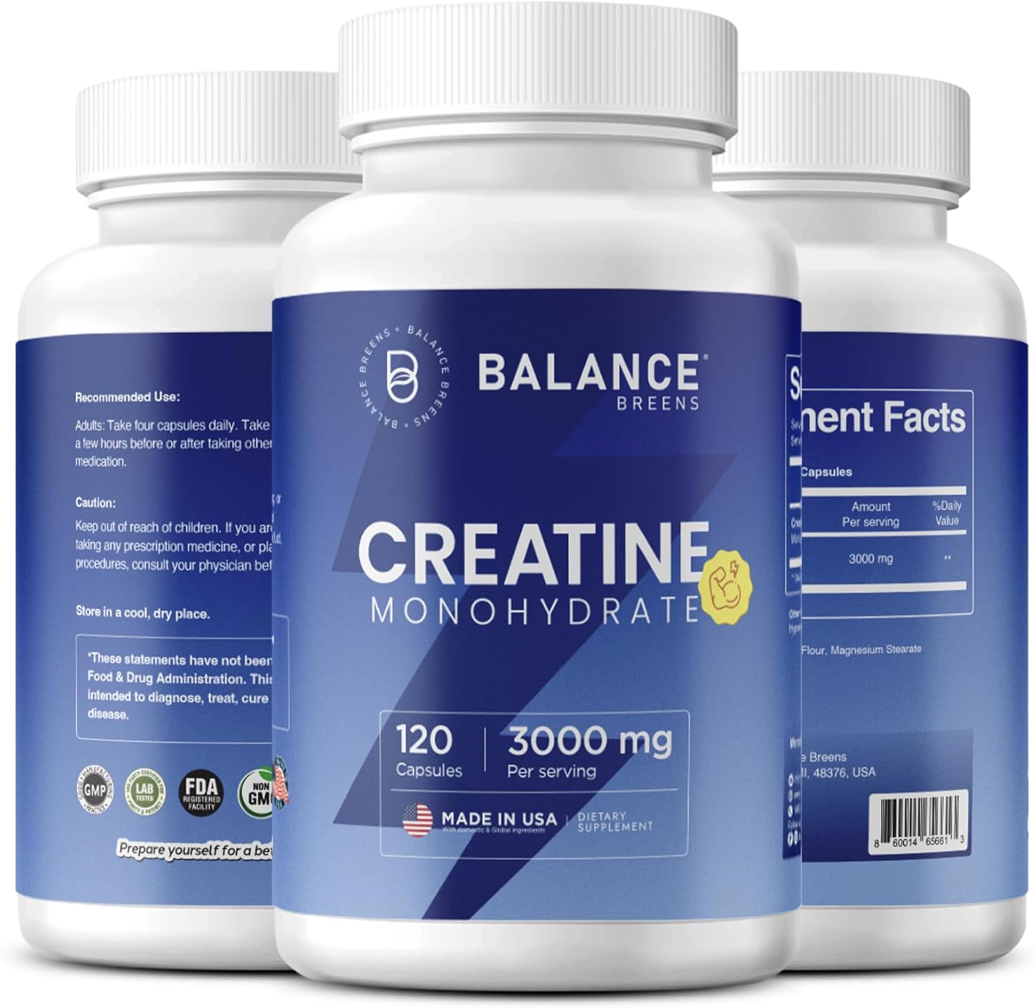 Creatine Monohydrate 3,000mg 120 Capsules – Non-GMO, Gluten-Conscious, High-Purity Pre-Workout Supplement for Muscle Growth and Enhanced Performance – Micronized Formula
