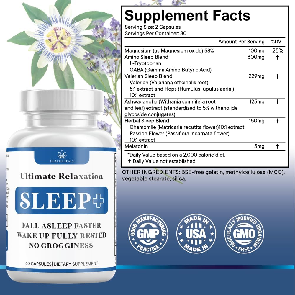 Relaxation Sleep Aid, Natural Non-Habit Forming, Sleep Supplement Developed to Support for Longer & Better Sleep, Chamomile, Magnesium, Melatonin, Ashwagandha, GABA, Drug-Free (120 Count)