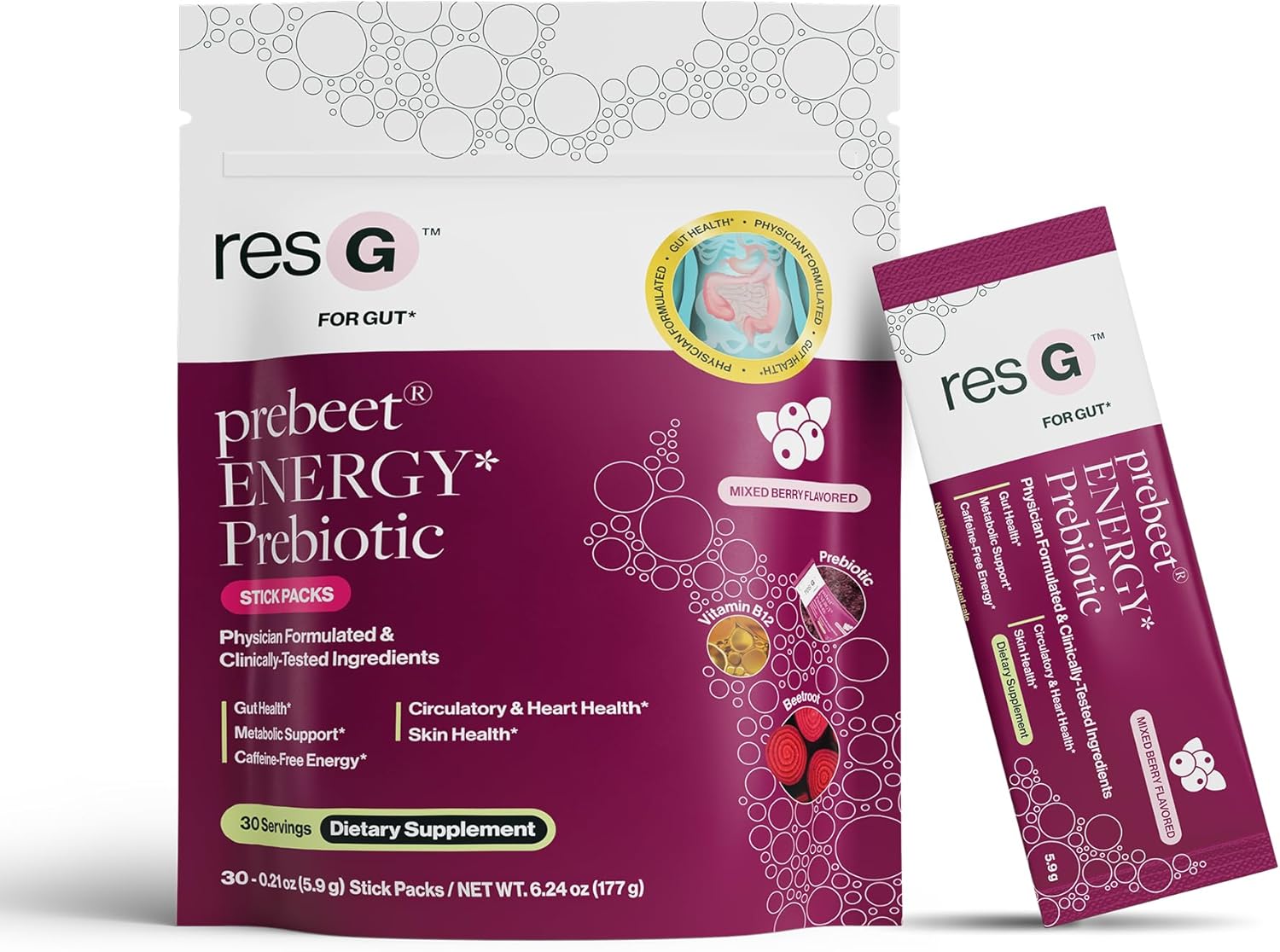 resG prebeet Prebiotic - Fiber Digestion Supplement, Drinkable GLP-1, Powder Packets for Women & Men, On The Go Gut Health Drink Mix, Gluten Free, Sugar Free - 30 Stick Packs