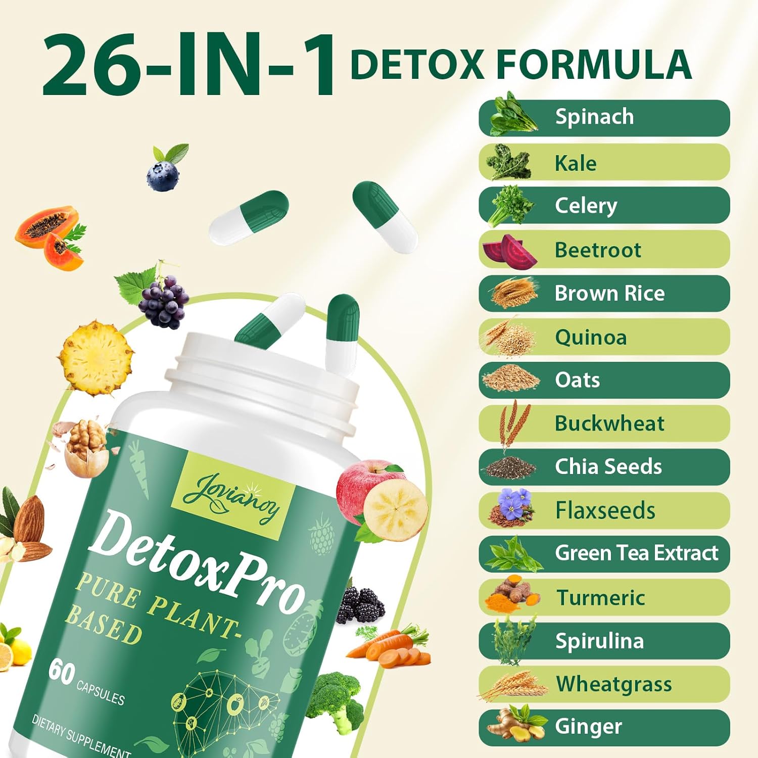 1000 MG Detox & Cleanse Capsules, 26-in-1 Plant-Based Formula for Detoxification, Detox Supplement for Women & Men, Natural Trace Binder, Liver, Antioxidant & Digestive Function, Vegan, 60 Counts