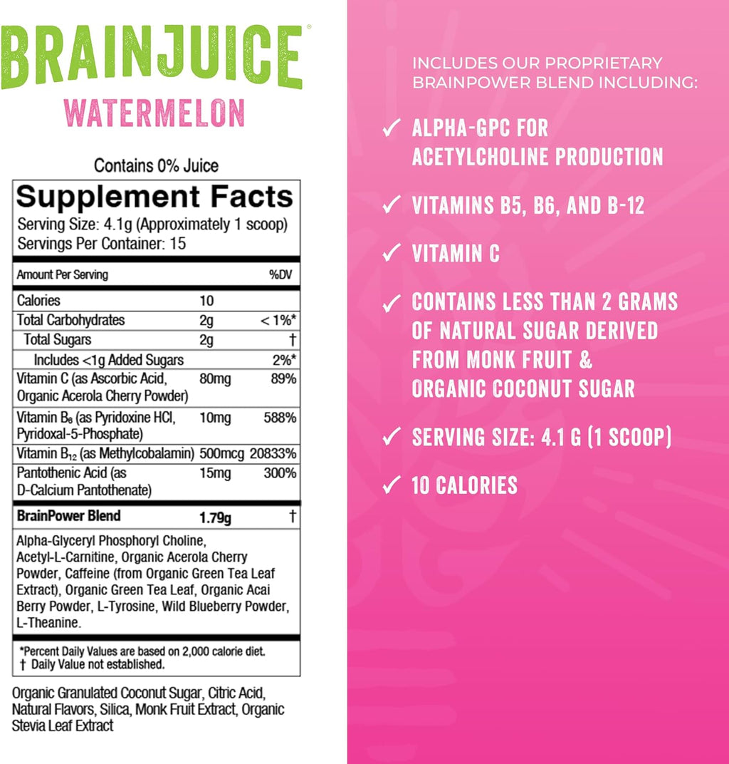 BrainJuice Nootropics Brain Support Supplement, Gluten Free Powder for Energy and Focus, Drink Mix with L Theanine, Alpha GPC, Vitamin B, Organic Green Tea Extract Caffeine, Watermelon, 15 Servings