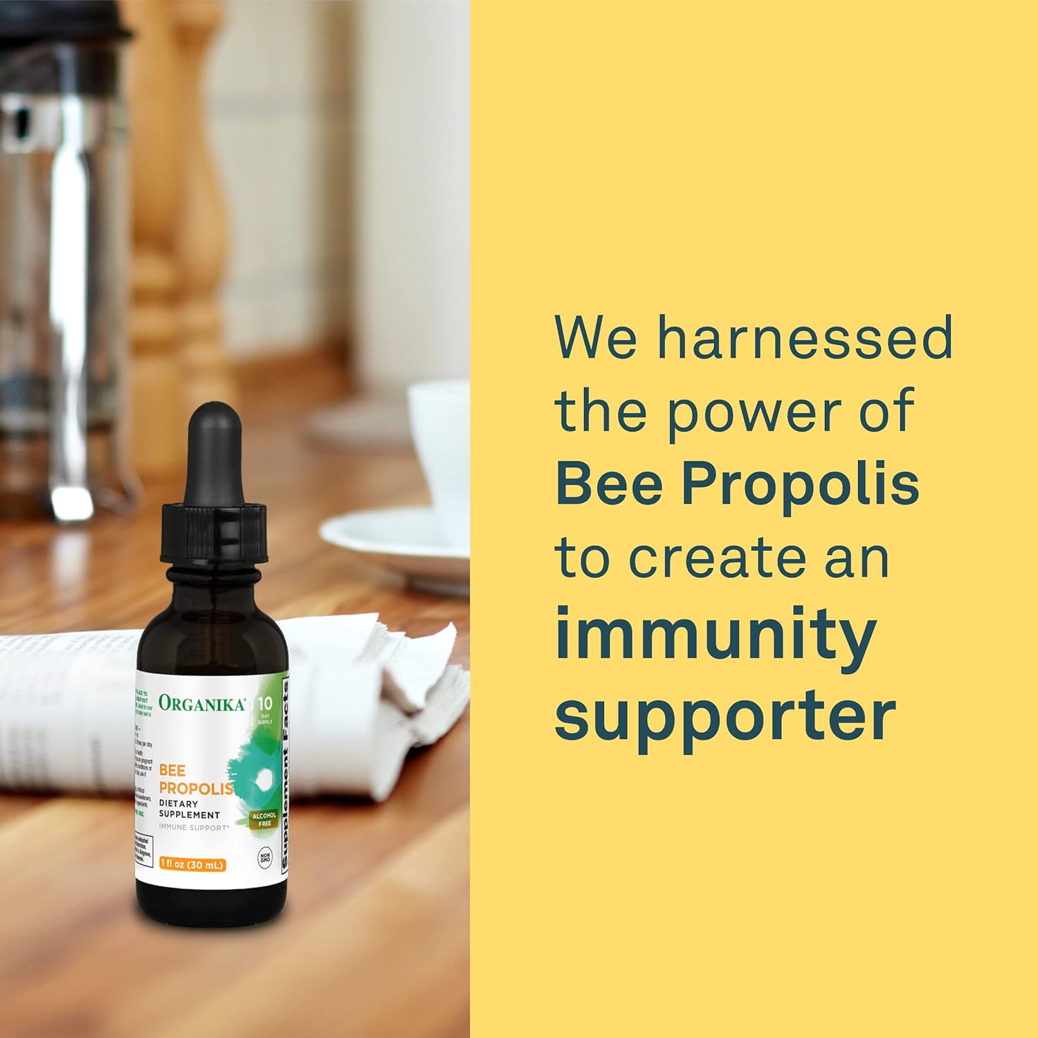 Organika Bee Propolis Tincture 1 oz: Vegan Propolis Extract - Throat and Breathing - Free of Gluten, GMO, & Artificial Flavors - 10 Day Prop Drops Supply