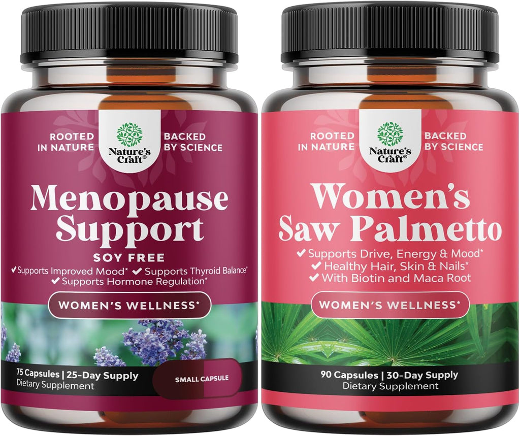 Bundle of Menopause Supplement for Women Soy Free Hormone Balance Capsules with Dong Quai Chaste Berry Black Cohosh Root and Saw Palmetto 500mg DHT Blocker Hair Vitamins with Maca Root Biotin