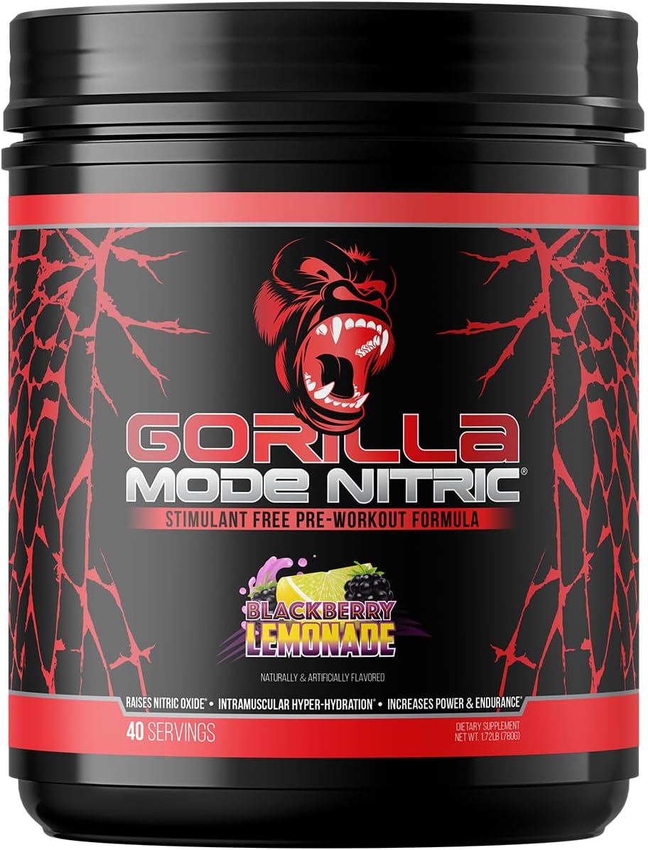 Gorilla Mode Nitric Upgraded Stimulant Free Pre-Workout – Best Tasting & Most Effective Stimulant Free Pre-Workout/Massive Pump · Vasodilation · Power / 780 Grams (BlackBerry Lemonade)