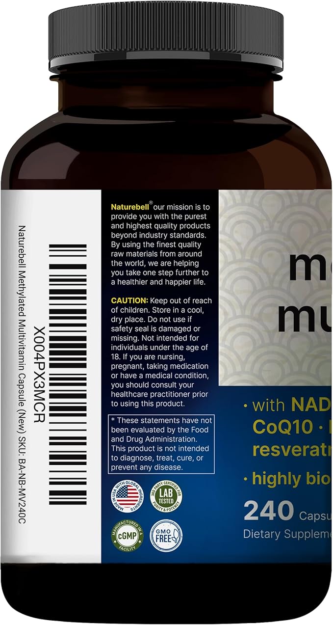 Methylated Multivitamin, 240 Capsules | Highly Bioavailable – 27 Advanced Nutrients – Vitamins A, C, D3, K2 + B Complex with Methylfolate, Methylcobalamin & NAD, NAC, CoQ10, Resveratrol, & Magnesium