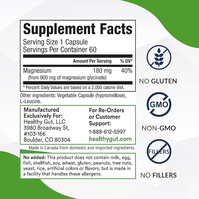 Healthy Gut Magnesium-HP | Ultra Pure Glycinate with Zero Fillers | 180 mg Magnesium Glycinate | 60 Servings