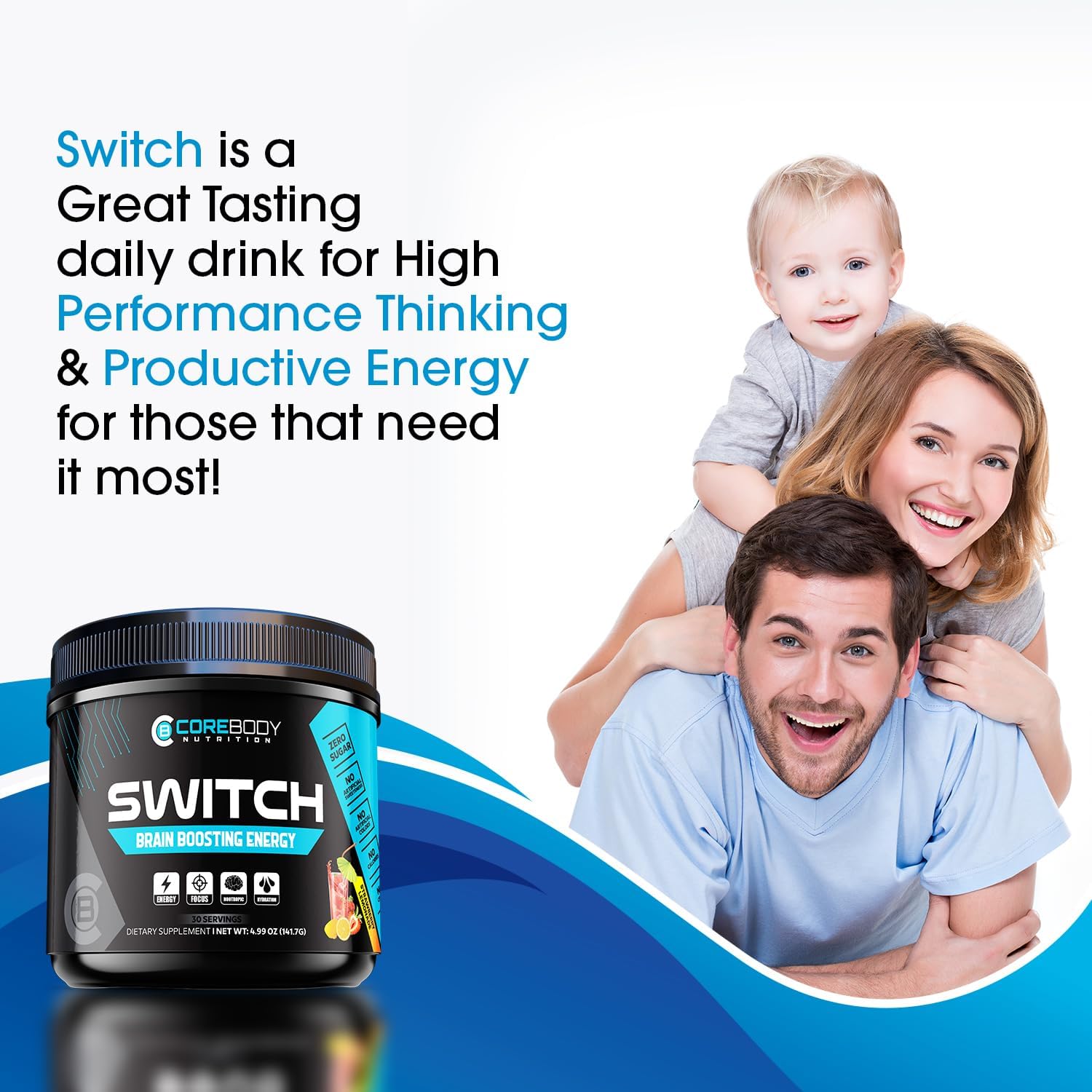 Switch, Brain Boosting Nootropic Energy Supplement Powder - Made in USA - Alpha GPC, NALT, Ashwagandha, Sugar Free Energy, Keto, Increase Mental Focus & Cognitive Function, Enhances Mood & Memory