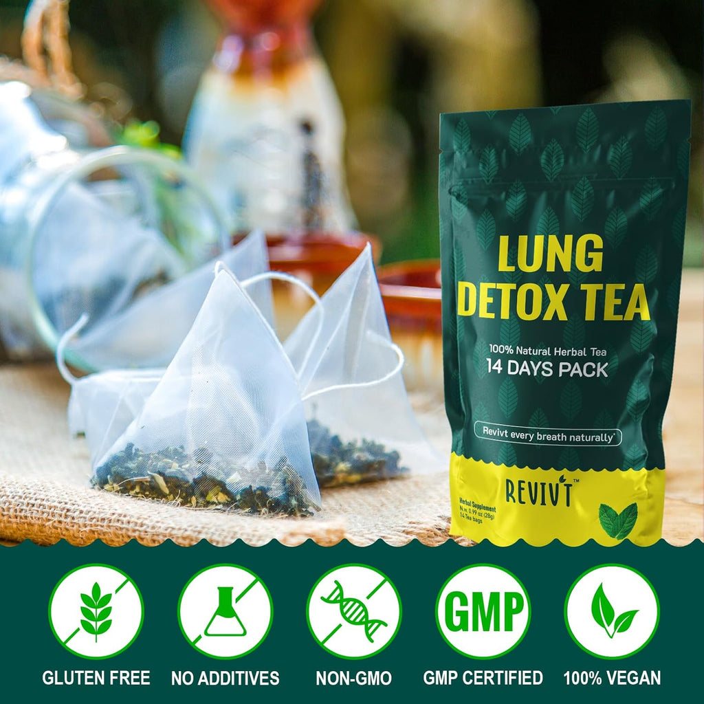 REVIVT Lung Detox Tea - Natural Lung Cleanse & Respiratory Support, Herbal Blends with Mullein Leaf, Eucalyptus, Thyme, Peppermint, Caffeine Free, 14 Day Supply