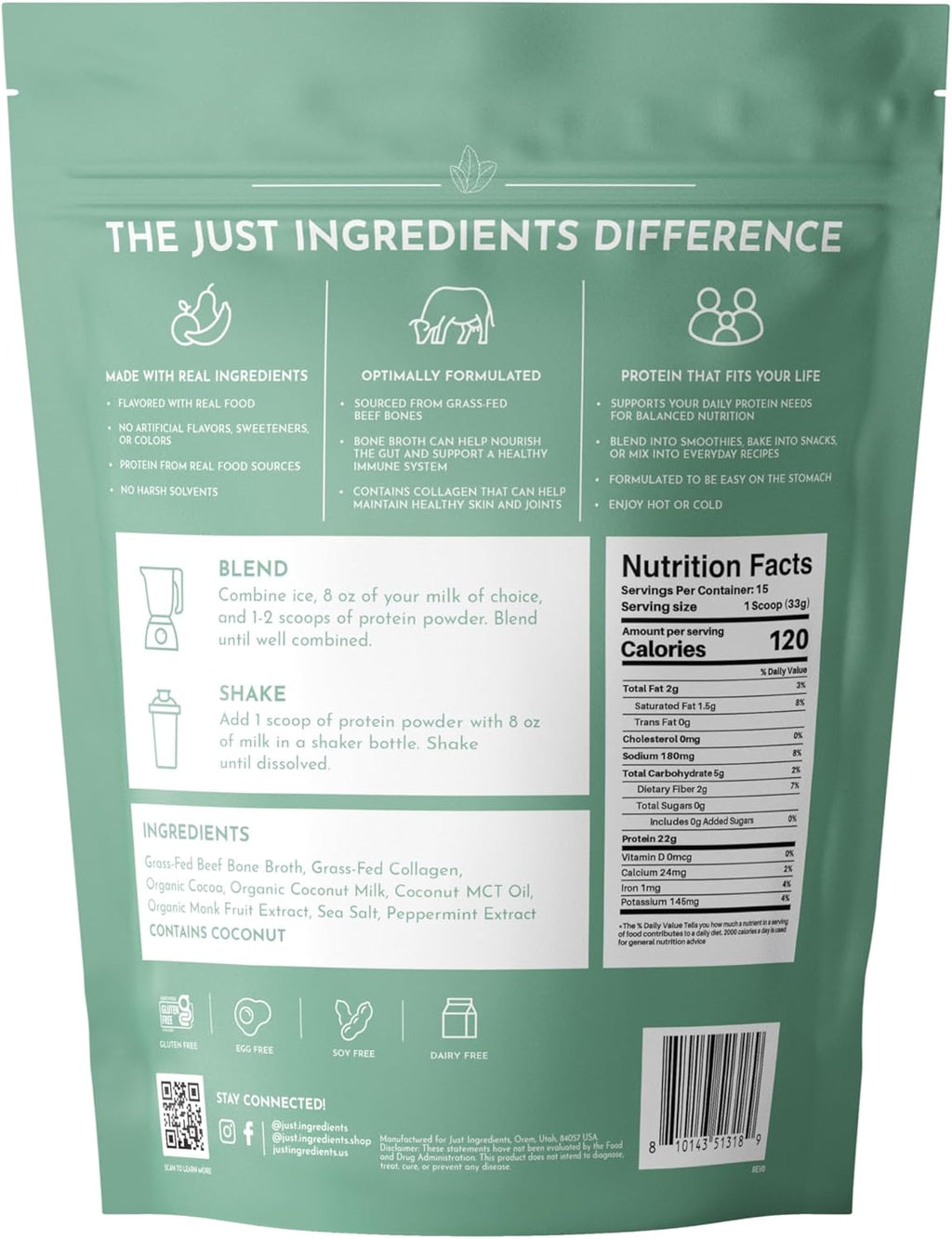 Bone Broth Protein Powder – Mint Chocolate | 15 Servings | 21g Grass-Fed Protein per Serving | Dairy-Free | Collagen for Gut, Skin & Joint Support | Made with Real Food Ingredients