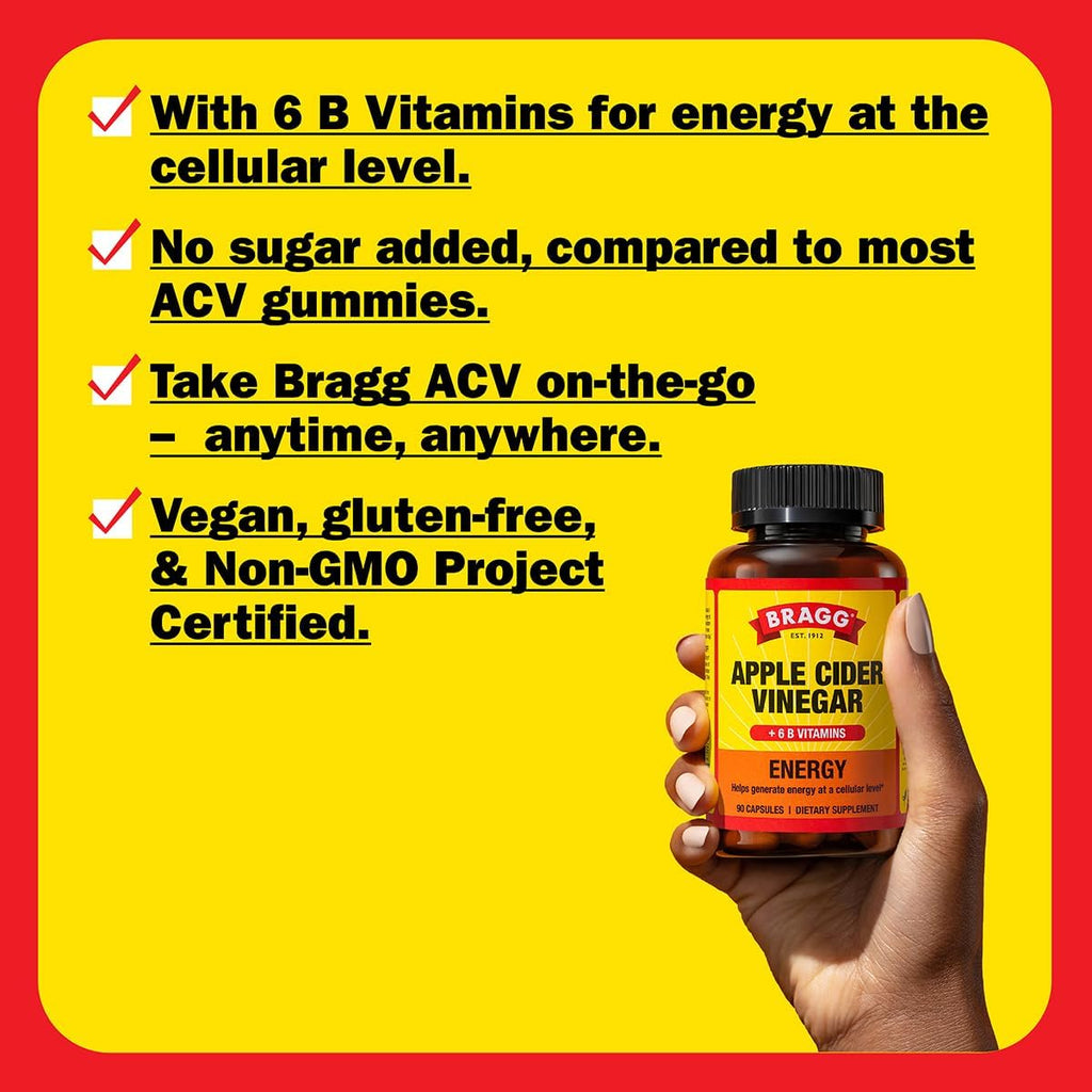 Bragg Energy Apple Cider Vinegar Capsules with B-12 Vitamins - 90 Capsules (2 Pack) – Weight Management - Non-GMO, Vegan, Gluten Free - Helps Generate Energy at Cellular Level for Men and Women