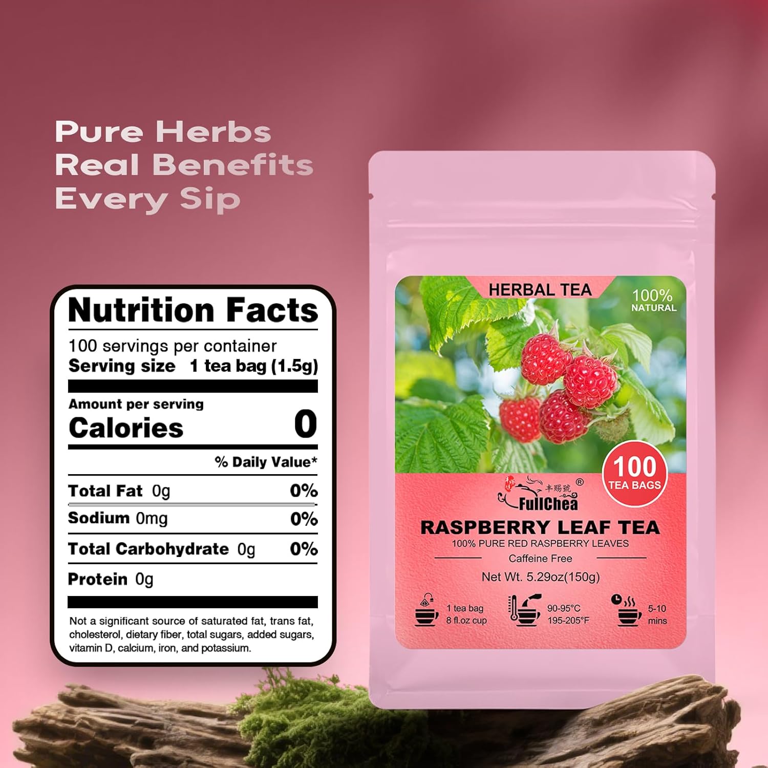 FullChea - Raspberry Leaf Tea Bag, 100 Count - Natural Pregnancy Tea for Women's Wellness, Menstrual Cycle & Uterine Health - Pure Red Raspberry Leaves - Non-GMO - Caffeine-free