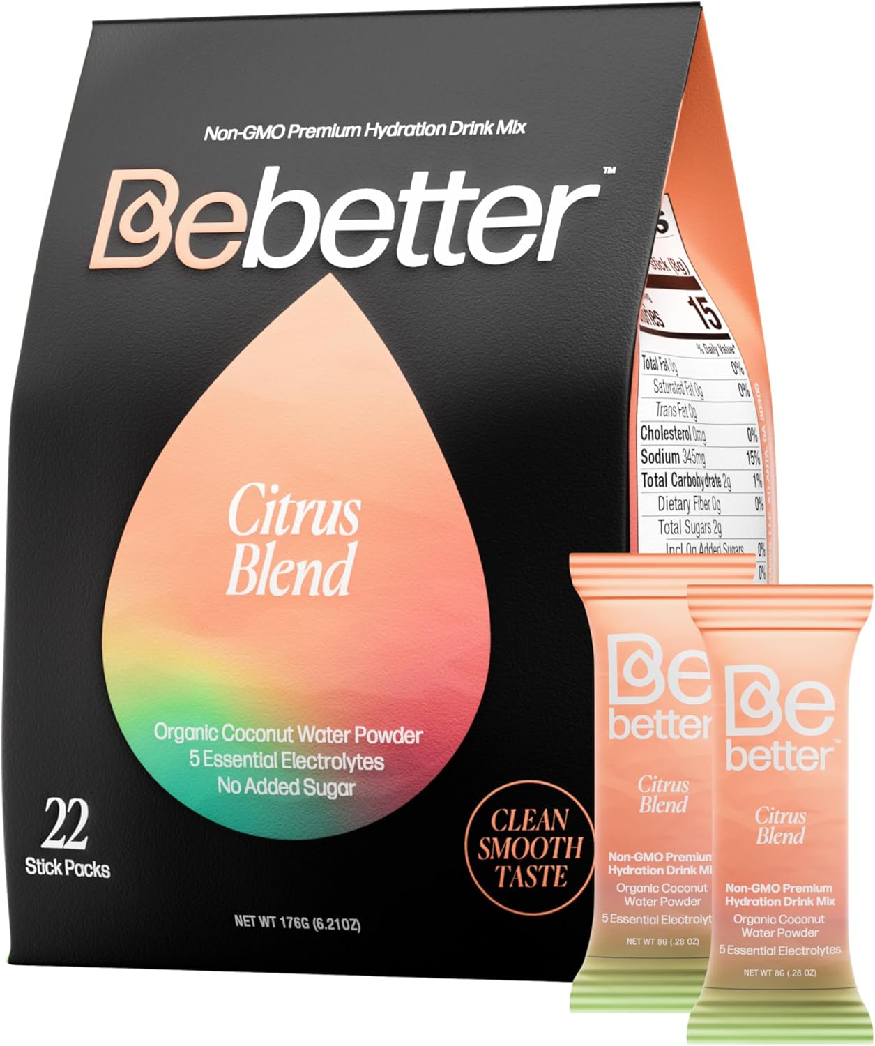 BeBetter Organic Electrolytes Powder Packets | Daily Electrolyte Drink Mix | Organic Coconut Water | No Artificial Flavors | Sugar Free Hydration Packets | non-GMO | 22 Hydration Sticks (Citrus Blend)