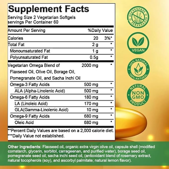High-Potency Omega 3-6-9, 100% Vegan Sourced Natural Supplement for Heart and Joint Health, 2 Month Supply, 120 Softgels