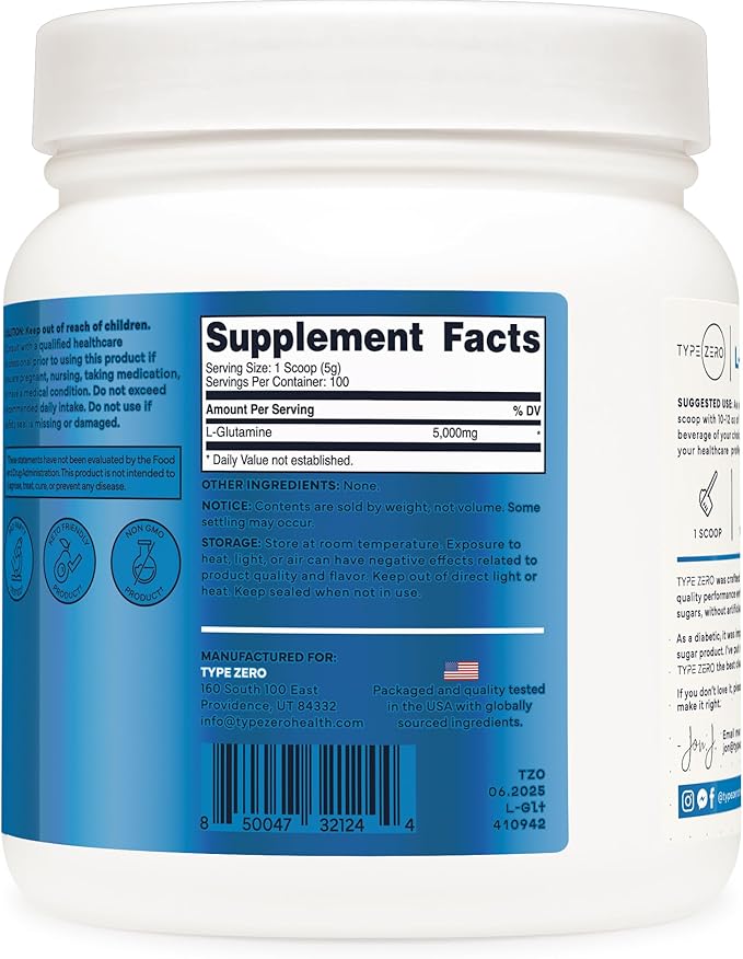 Type Zero L-Glutamine Powder (500G) 3-Month Supply Pure L-Glutamine Supplement - Vegan, Gluten Free, No Fillers